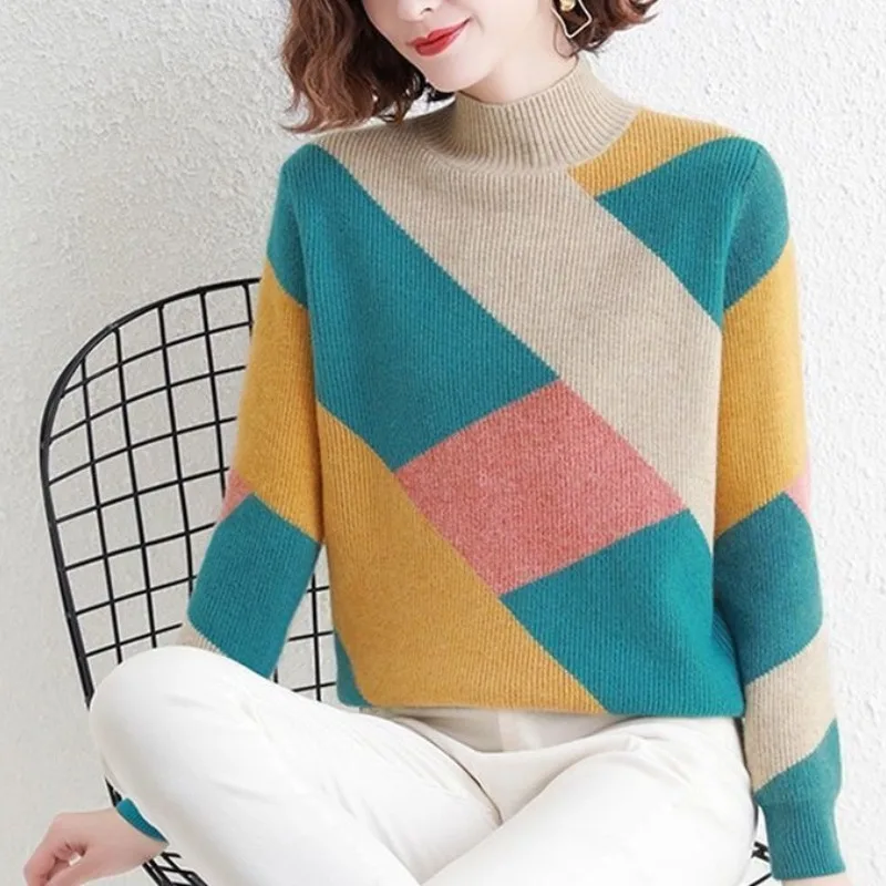 Women\'s Spring and Autumn New Loose Contrast Color Pullover Half High Neck Striped Sweater Fashion Long Sleeve Commute Knit Tops