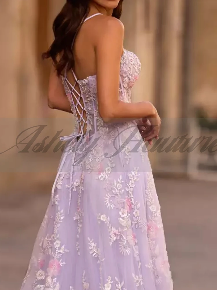 Robes de bal lilas de luxe personnalisées, col en V, ligne A, longueur au sol, fendues, vêtements pour occasions spéciales, fête de mariage, soirée formelle