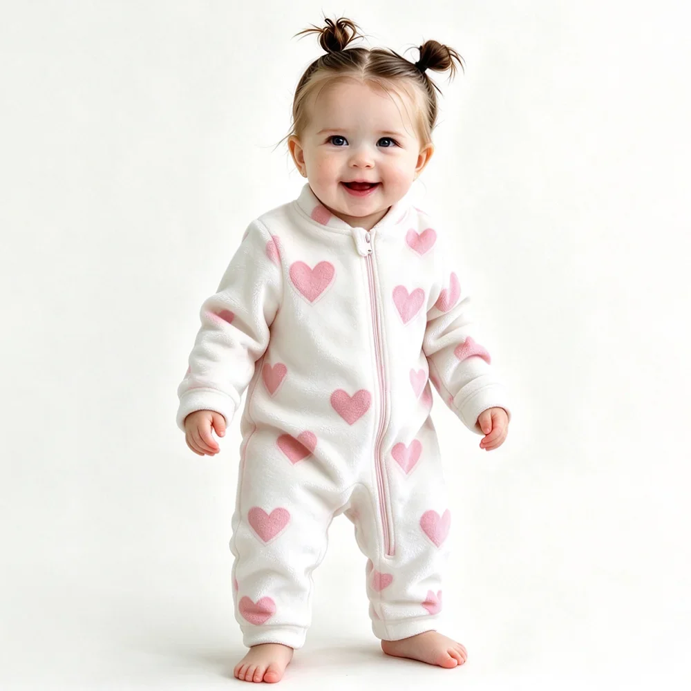 Cute Baby Fleece Romper Newborn Footed Zipper Jumpsuit Warm Soft Cartoon Print Infant Onesie Sleepwear Pajamas