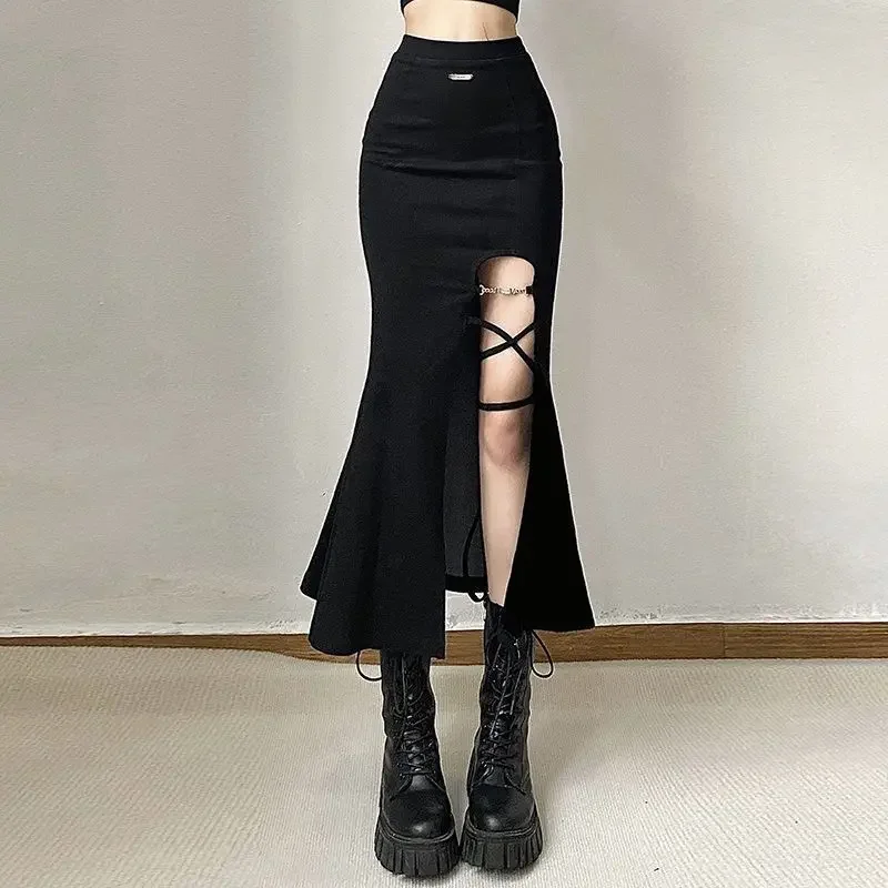 

High Waist Women Mermaid Skirts American Style Designed Bandage Split Midi Skirt Y2K Fashion Streetwear Female Skirts Spring New