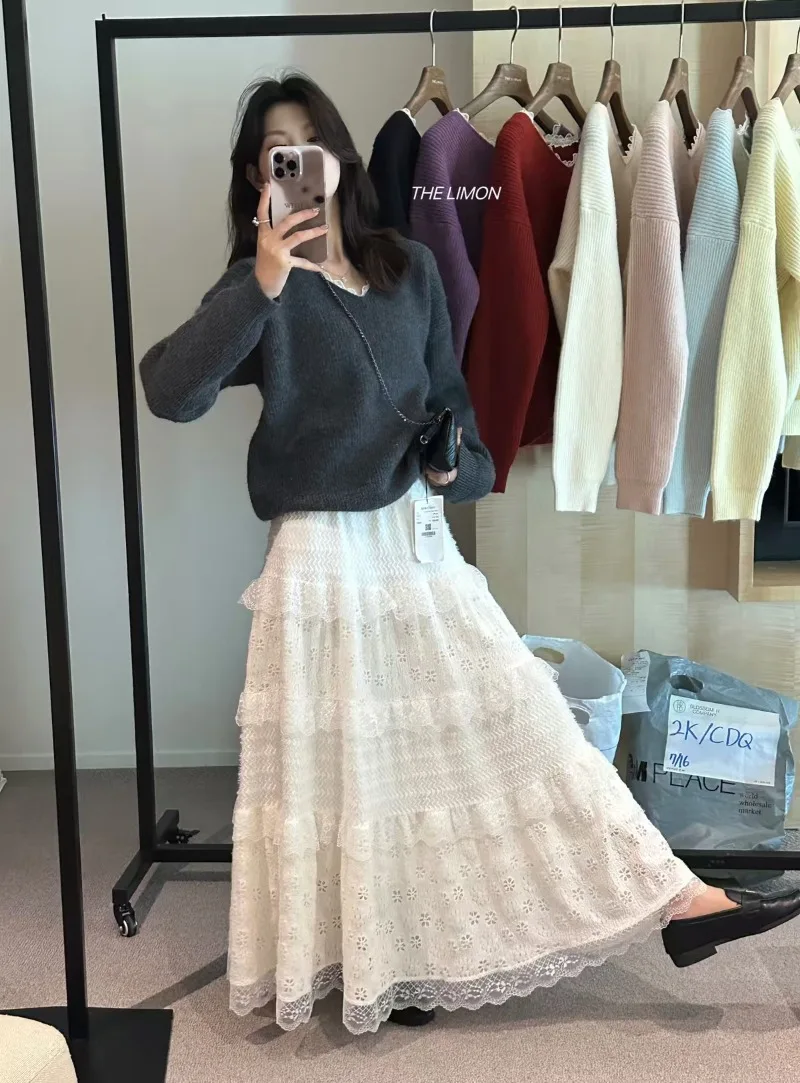 MiiiiX French Retro Lace Splicing Tiered Skirt Loose Elastic Waist A-line Ruffled Long Skirt 2024 Autumn Fashion Women's Clothes