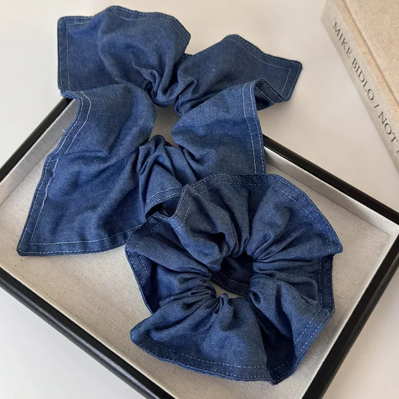 Retro Denim Blue Hair Scrunchies Lady Fashion Square Scarf Headband for Women Temperament Hair Rope Tie Ponytail Rubber Band New