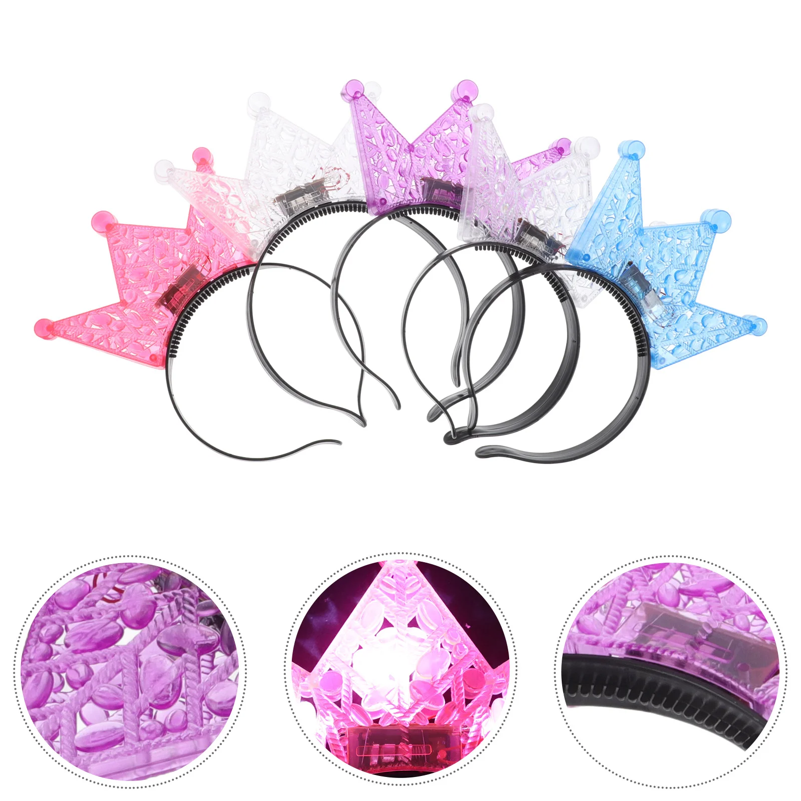 5pcs Creative Headband LED Shining Headband Crown Headwear for Girl Kid Child (Purple+Pink+White+Blue+Green)