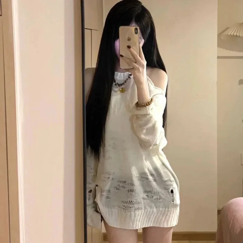 

Casual Loose Spring Korean Style Off Shoulder Comfort Sweater Women 2025 White Hollow Thin Knitted Top Sexy Streetwear