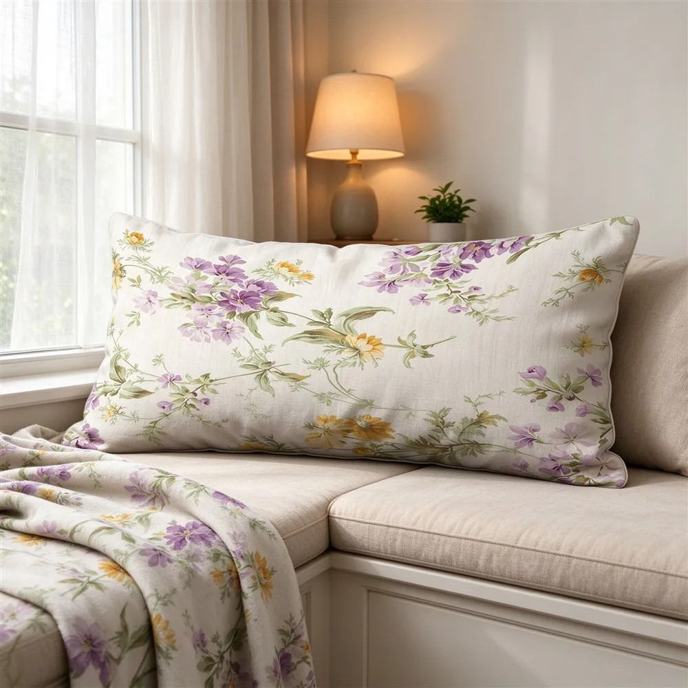 White Peach Warm Blossom Print Long Pillow Cover, Cozy Style, Apartment Decorative, Polyester, Window Seat Cushion, Trendy