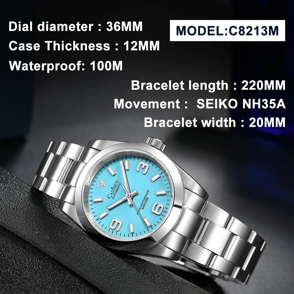 CADISEN 36MM New NH35 Men Mechanical Watch AR Sapphire Glass BGW9 Blue Luminous Automatic Watch For Men 100M Waterproof Watches