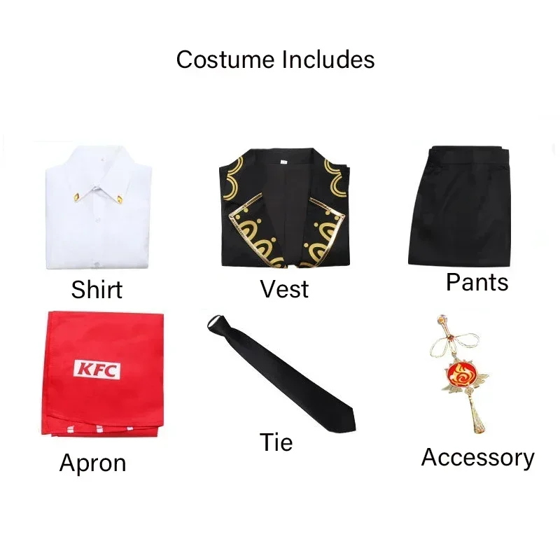 FC6Game Genshin Impact Diluc Cosplay Costume KFC Diluc Genshin Cosplay Men Waiter Uniform Wig Anime Halloween Party Outfit@FC8！