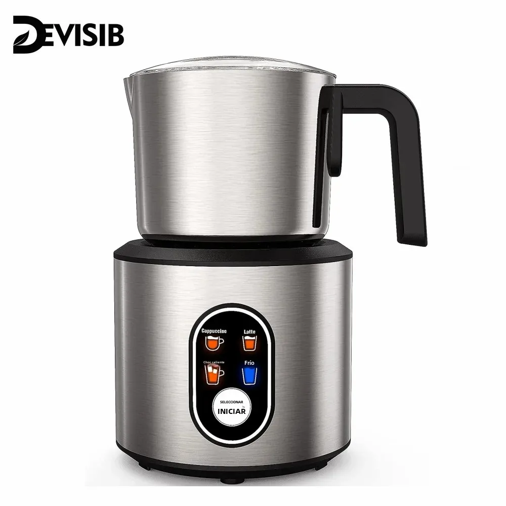 DEVISIB 4 en 1 Espumador de leche automático, jarra de acero inoxidable de 350ml, apto para lavavajillas, espuma mágica instantánea, apto para agua caliente y fría