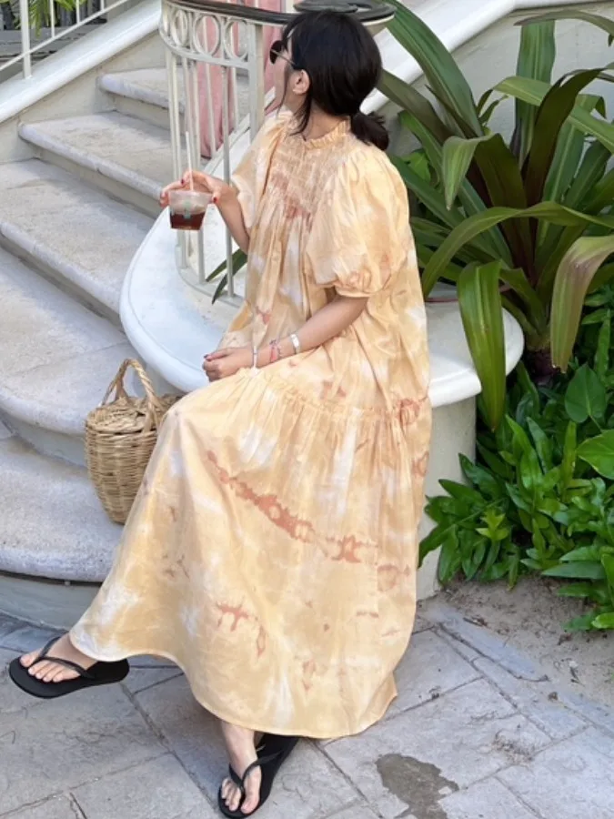 

Summer New Vintage Lazy Sle Floral Print Bubble Sve Dr Women's Gown Folded Hem Long Skirt Other Material 00%