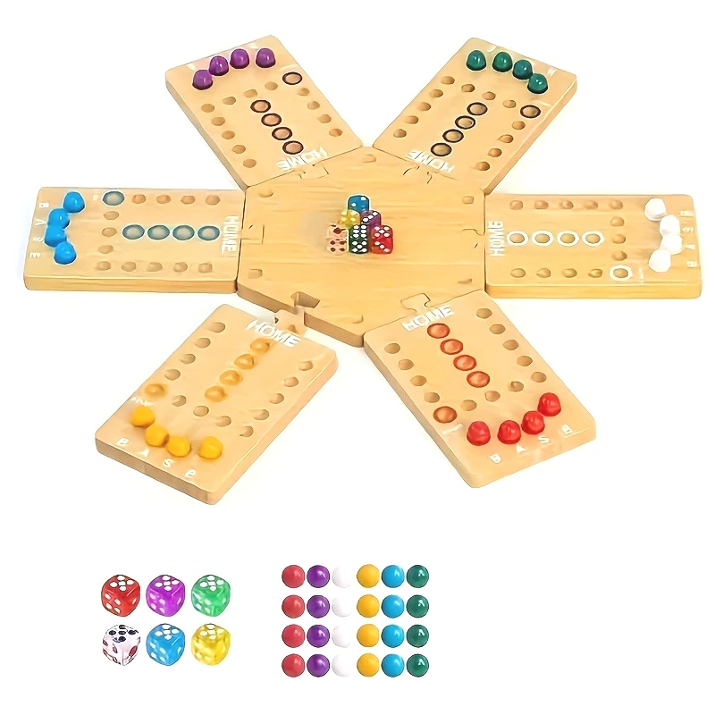 

6-piece wooden board game set with glass beads and dice — portable strategy game for 2-6 players