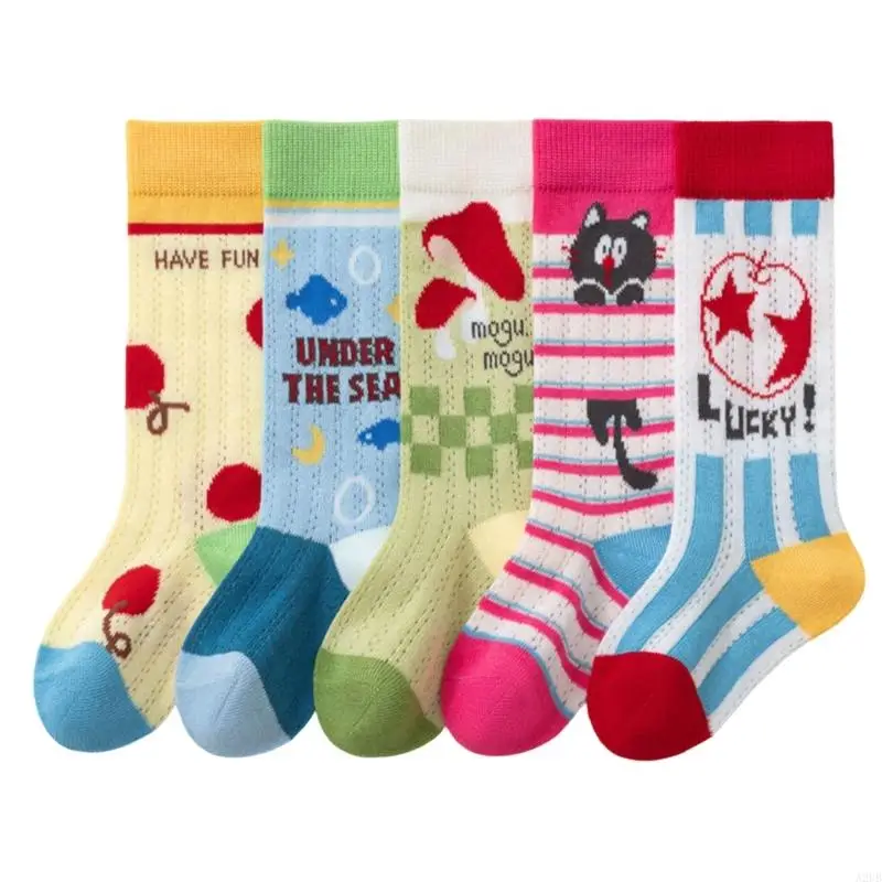 Pack Of 5 Kids Mesh Cotton Socks with Cartoon Patterns Soft Breathable Children Ankle Socks for Boys & Girls Ages 2+ A2UB