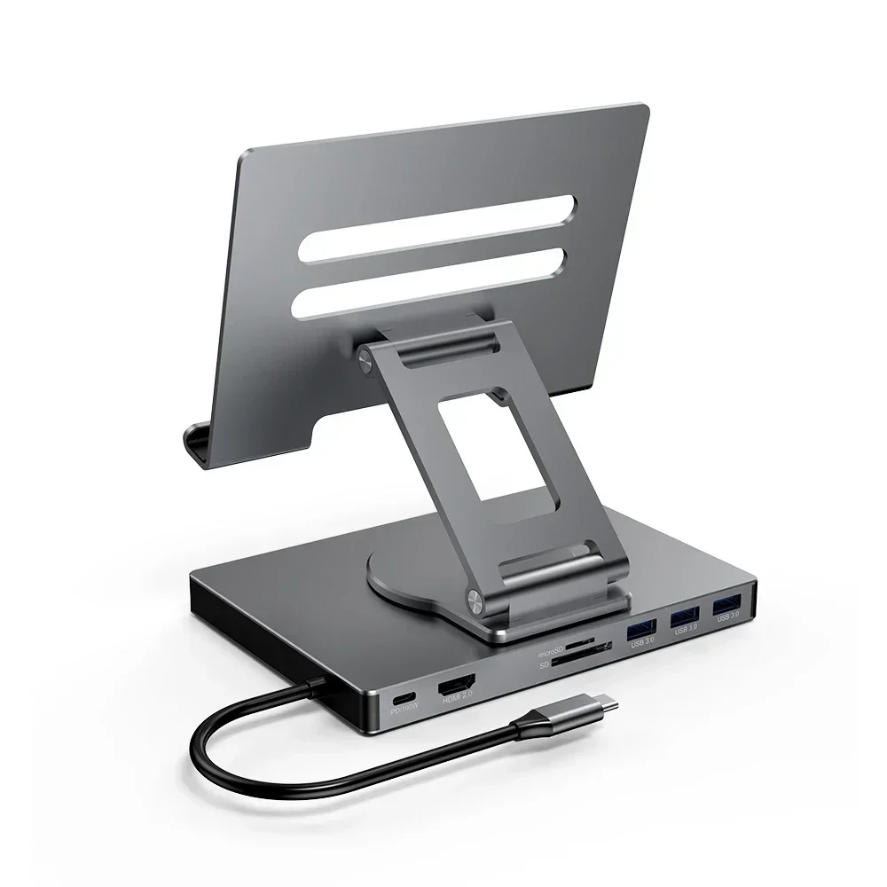 New 8 in 1 USB-C Docking Station with Foldable Aluminum Tablet Stand with USB C Hub for iPad Pro