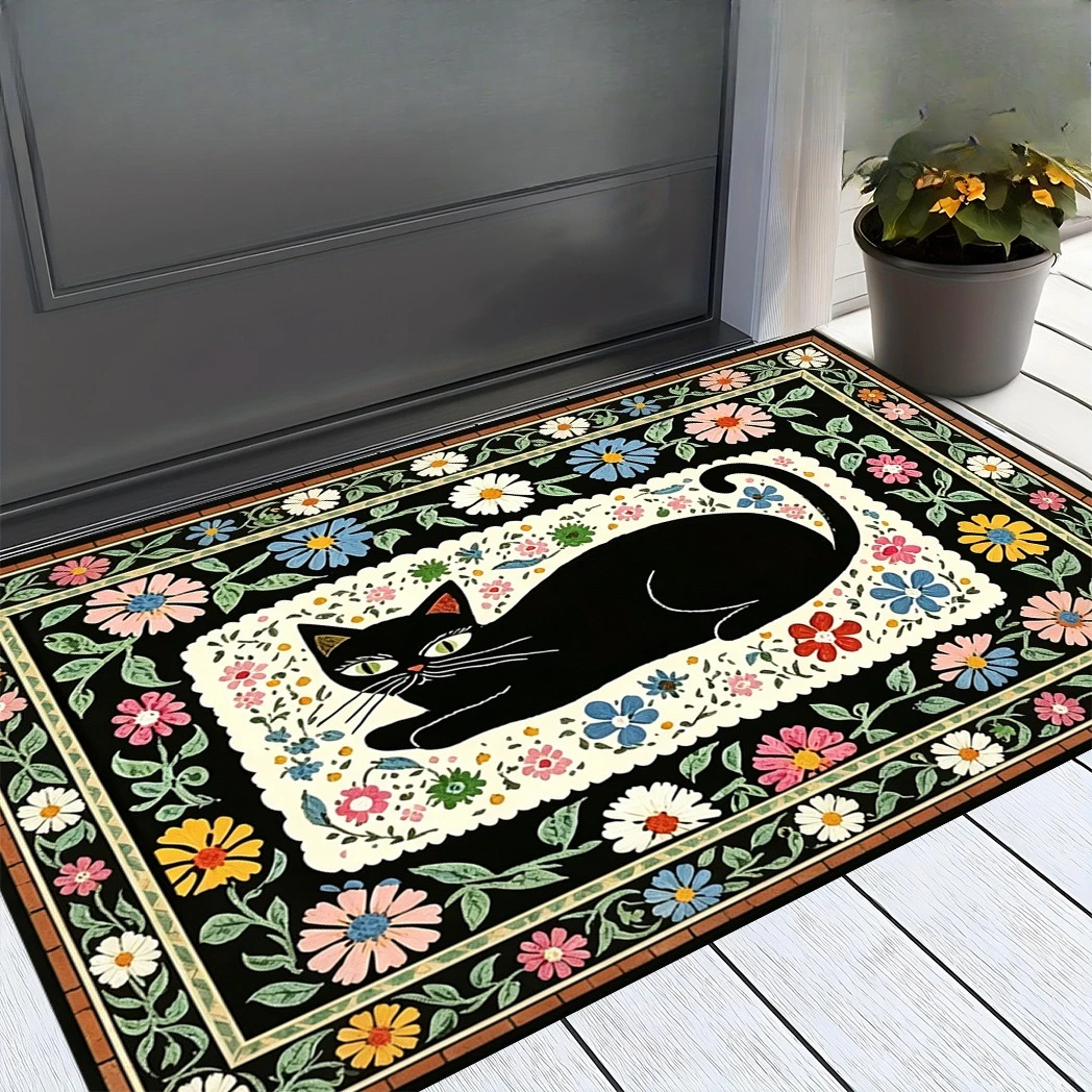Country Farmhouse Indoor Entry Mat  Retro Teal Base Four White Geese Wild Floral Butterfly Art Pattern Decor Front Door Doormat