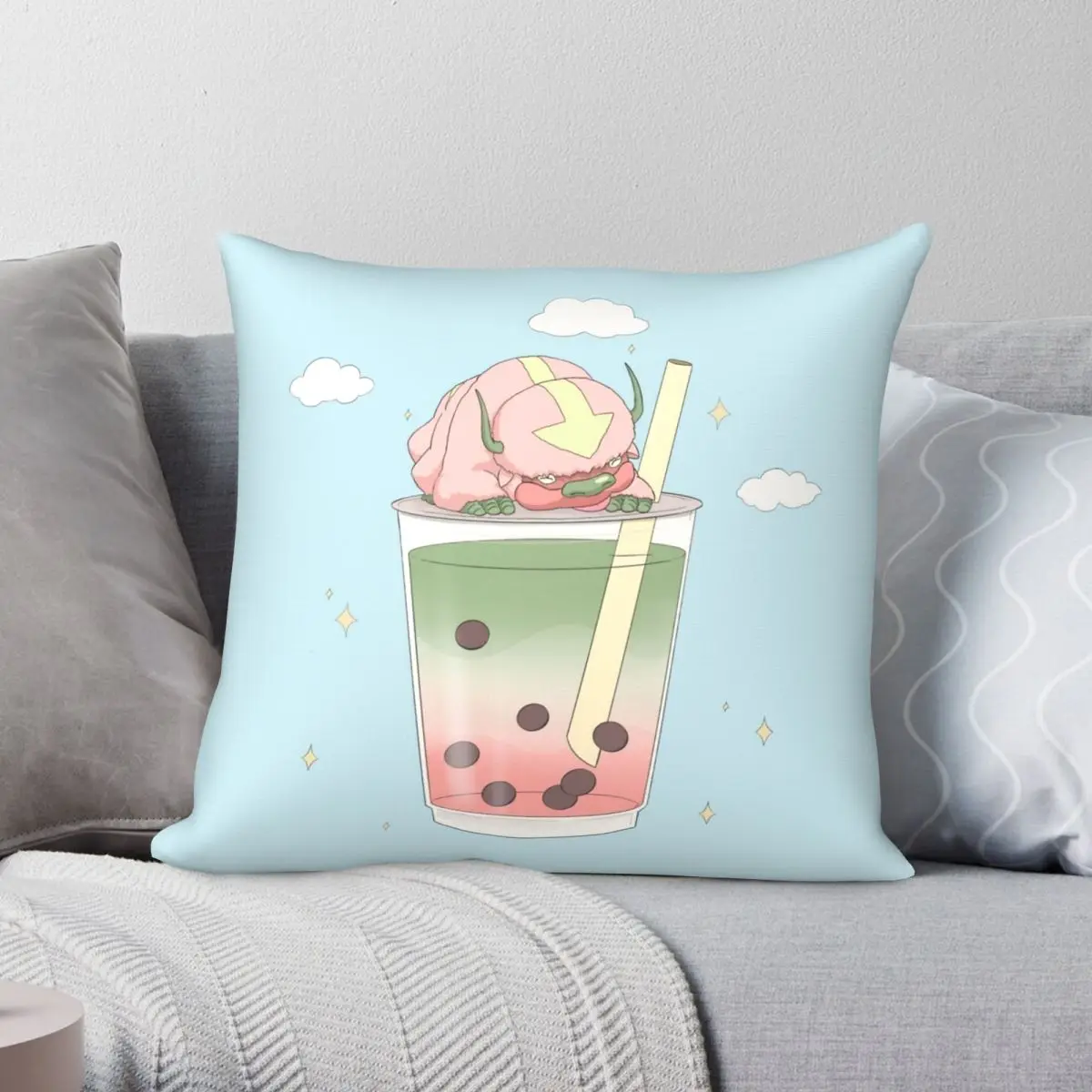 Funda de almohada cuadrada Matcha Latte con Boba, cubierta de cojín de poliéster, lino y terciopelo con cremallera, decoración para habitación