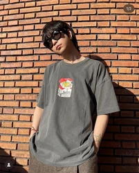 Summer Top EPIDE Cigarette Box Print Retro Short Sleeved High Street Casual Loose Vintage T-shirt Oversize Washed Pure Cotton