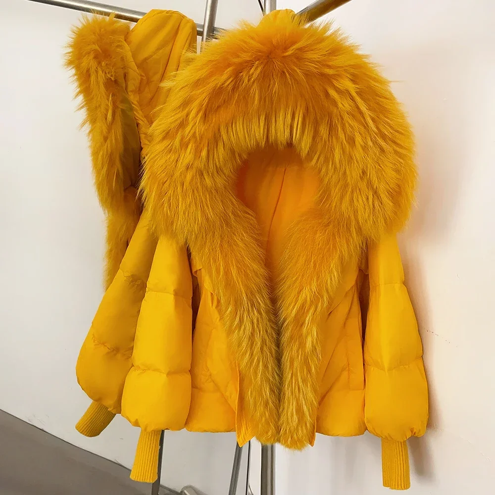 OFTBUY Neuer Wintermantel für Damen, Vollumhüllter Oversize-Mantel mit Echtfuchspelzkragen, Gestrickten Manschetten, Puffärmeln, Kurzer Daunenpuffermantel – Detail 18