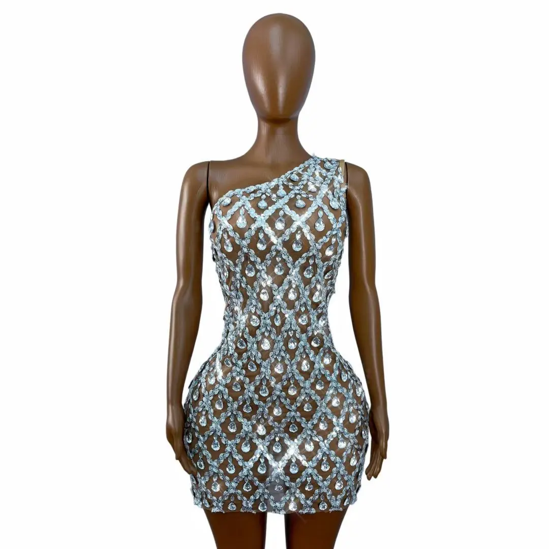 

Danjianshaokaojia Light Blue Sheer Mesh One Shoulder Dress with Teardrop Rhinestone Pattern for Drag Queen Cabaret Party Events