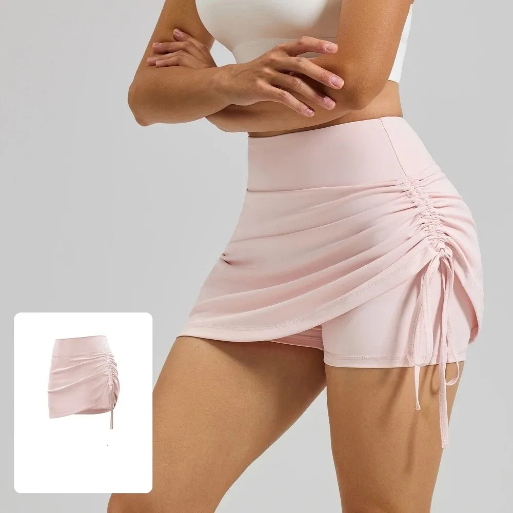 High Waist Sports Short Skirt Faux Two Piece Solid Color Yoga Shorts Casual Side Drawstring Running Shorts Pants Badminton