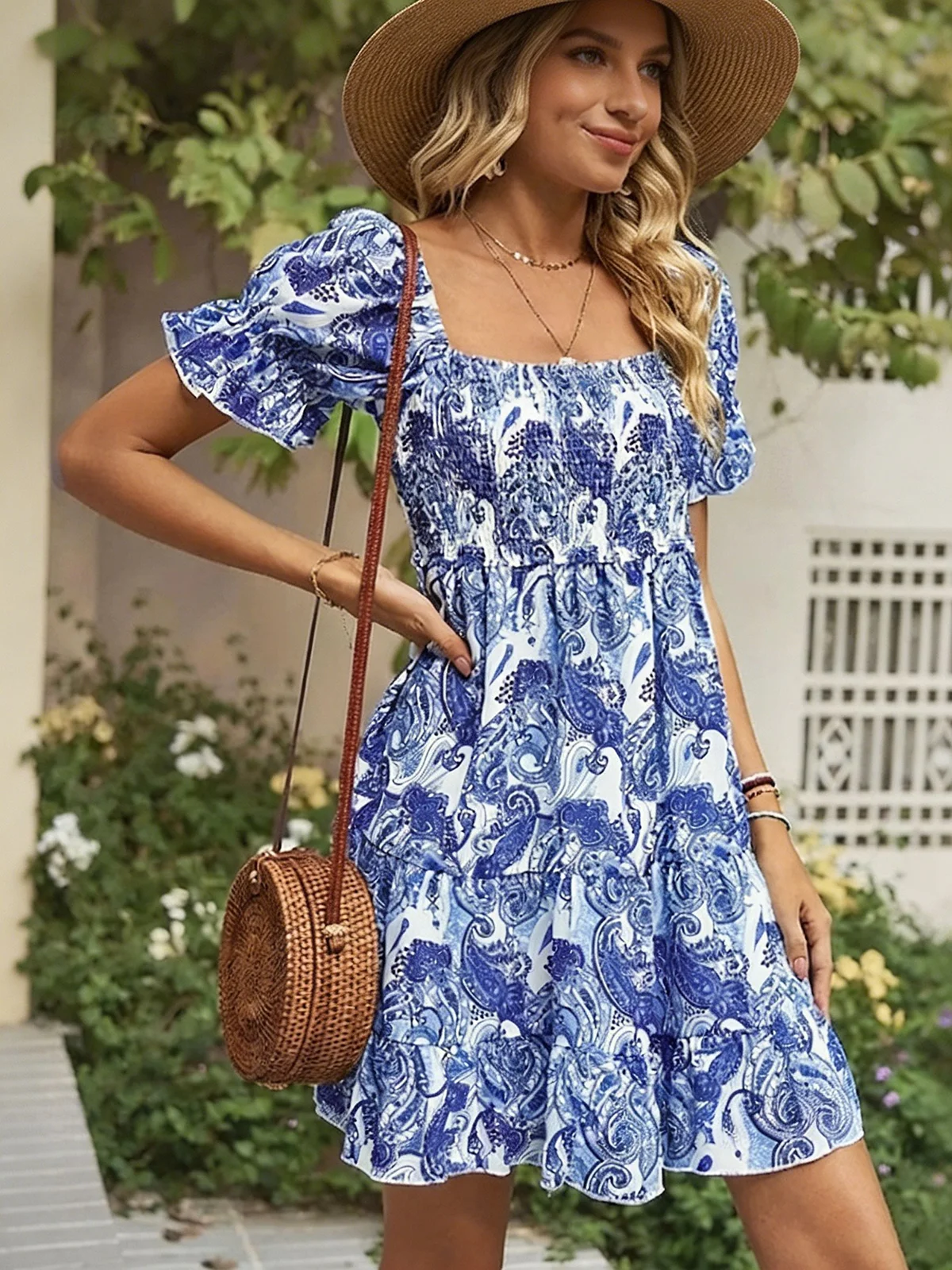 Damen-Minikleid mit Paisley-Pr – Off Shoulder Puff Sleeve Sundress Bewertung und Preis