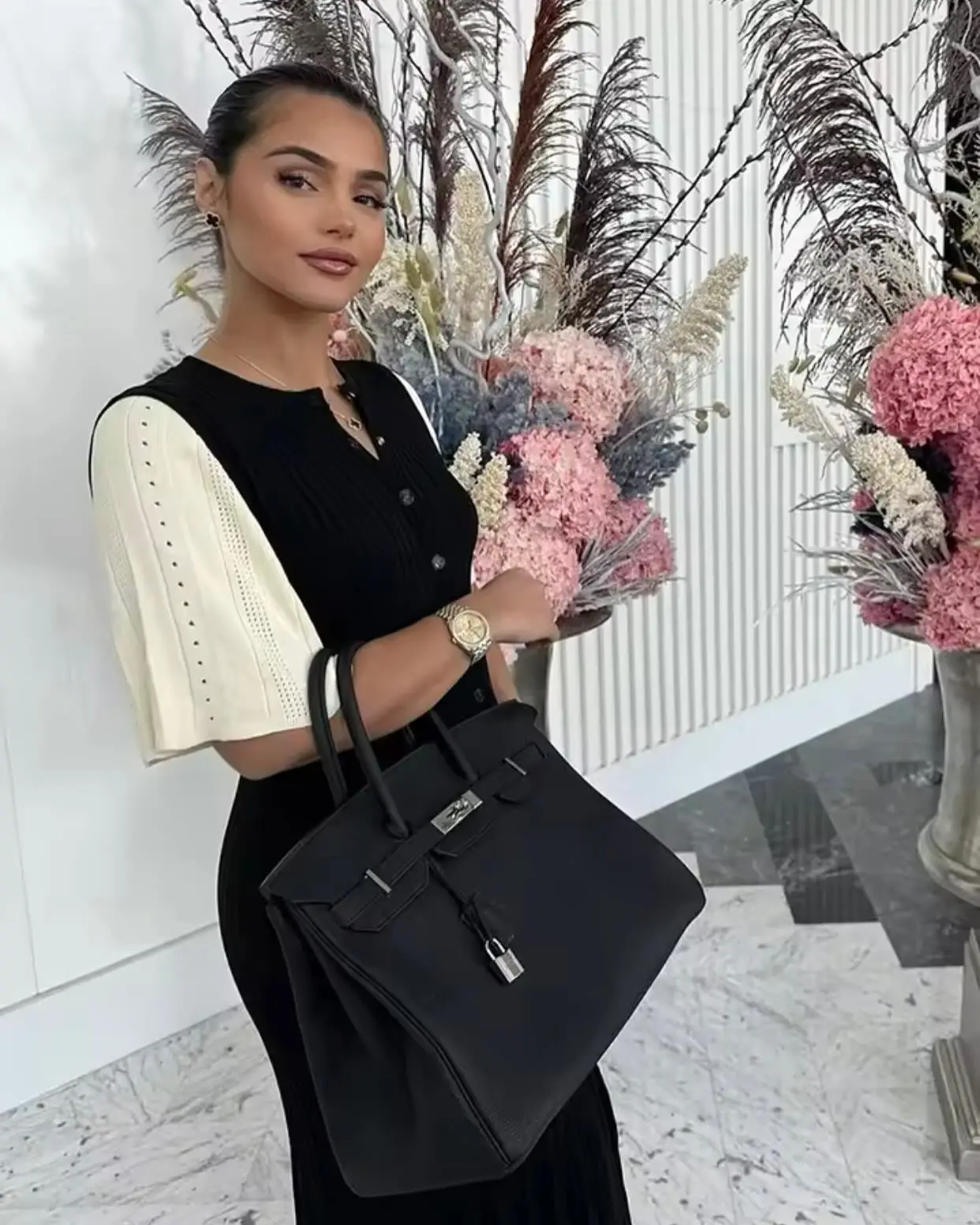 Elegant Knitted Single Breasted Midi Dress Women's Patchwork Dresses Female 2025 Summer Robe New Black Beige Robes Evening Party image 4