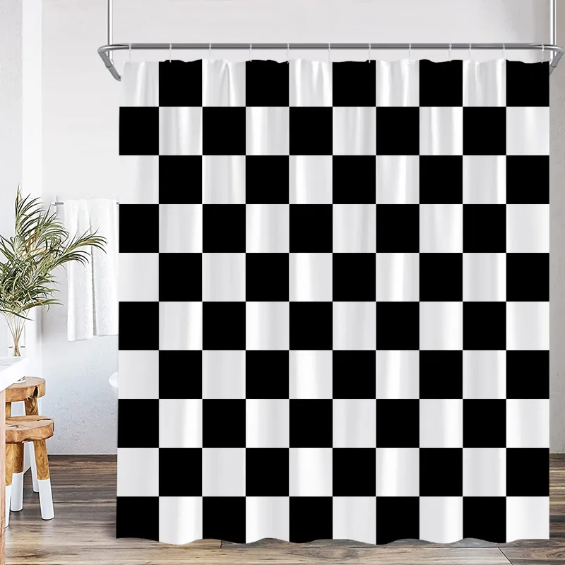 Black and White Check Shower Curtain Fashion Geometric Nordic Minimalist Modern Fabric Bathroom Bath Curtains Decor with Hooks