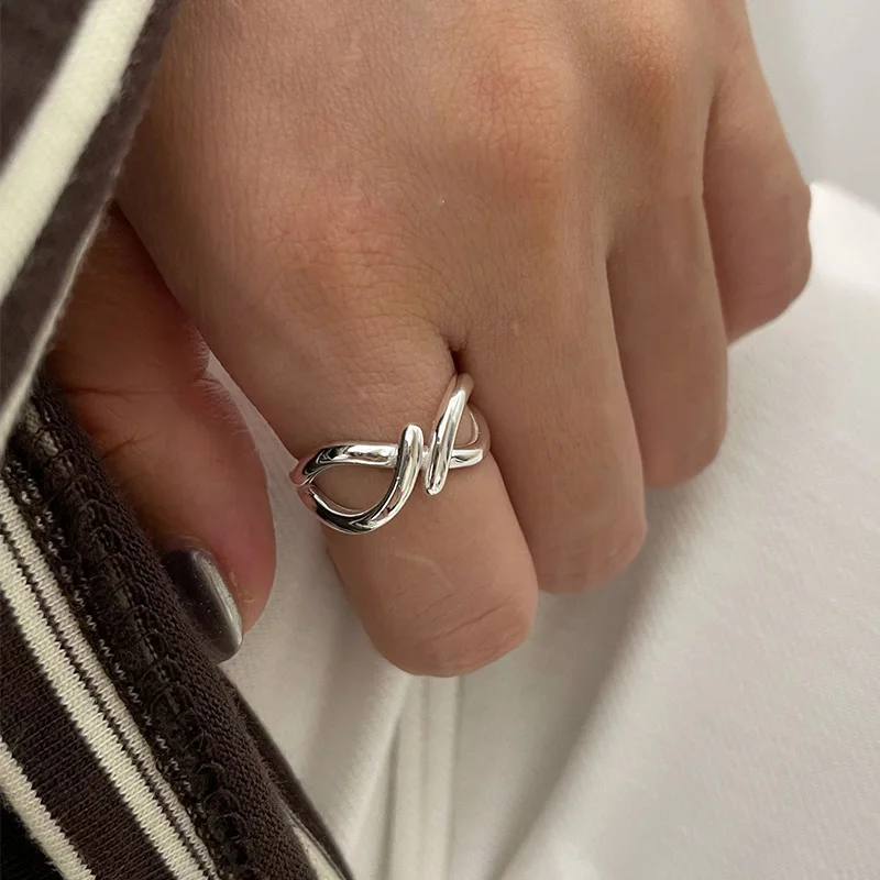Foxanry Silver Color Lines Crossed Geometric Rings For Women Couples Minimalist Creative Design Sweet Elegant Daily Jewelry Gift