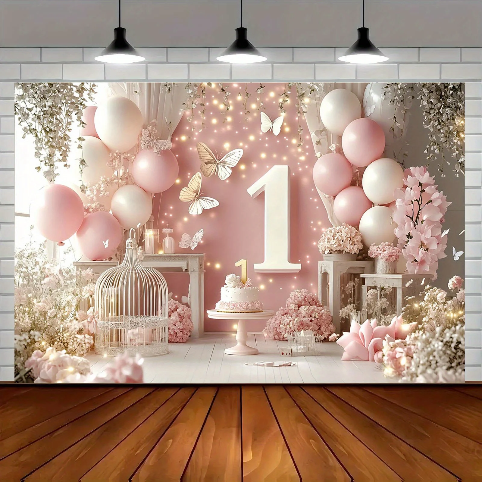 Ein eleganter rosa Schmetterlings-Partyhintergrund – ein romantisches 1. Jahrestag mit Themen von Luftballons, Blumen und Schmetterlingen