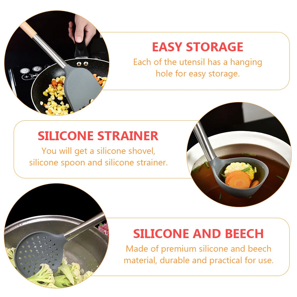 

Silicone Beech Kitchen Utensil Set Grey Non-Stick Coating Heat Cold Resistant Easy Storage Cooking Gadgets
