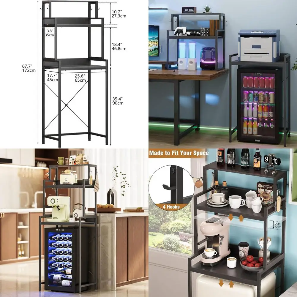 

Трехуровневая кухонная полка-стеллаж с регулируемыми полками, подставкой для микроволновой печи и разделенной полкой для кофейного уголка (черный, 25.6)