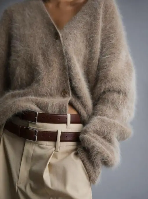 Sweter rozpinany z dzianiny imitującej wełnę norek, luźny i swobodny damski sweter z dekoltem w serek, jednolity kolor, idealny na jesień i zimę.