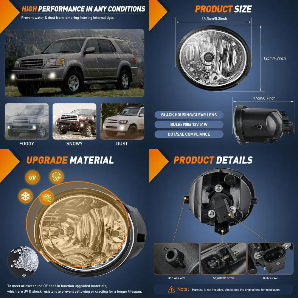 

Противотуманные фары Toyota Sequoia & 2000-2006 Tundra 2001-2007, прозрачные линзы, лампы 9006 12 В, 51 Вт, не для стальных бамперов