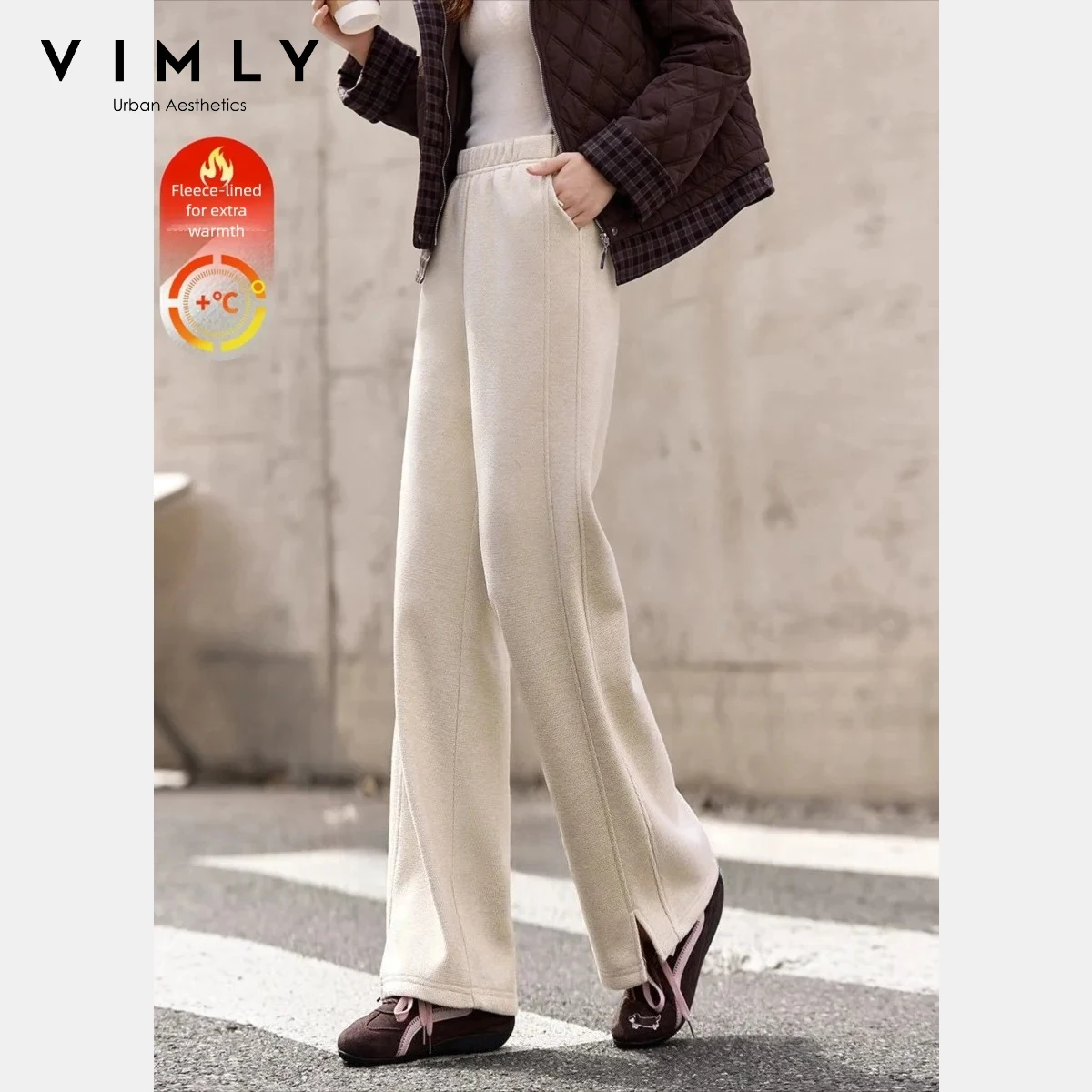 

VIMLY женские спортивные штаны 2025, зимние повседневные прямые брюки с разрезом на флисовой подкладке, свободная женская одежда с эластичной резинкой на талии A3352