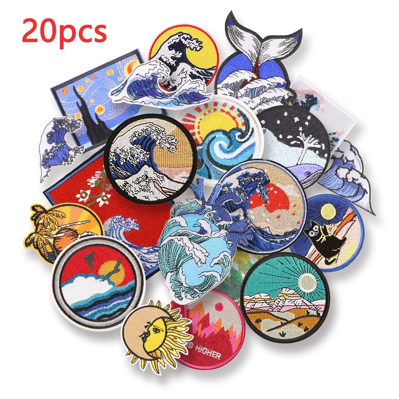 20 Pcs Sea Heart Whale Lot Iron On Patches For Clothing Embroidered Parches Thermocollant Stitch Sewing Mochila Mix Pack Bulk