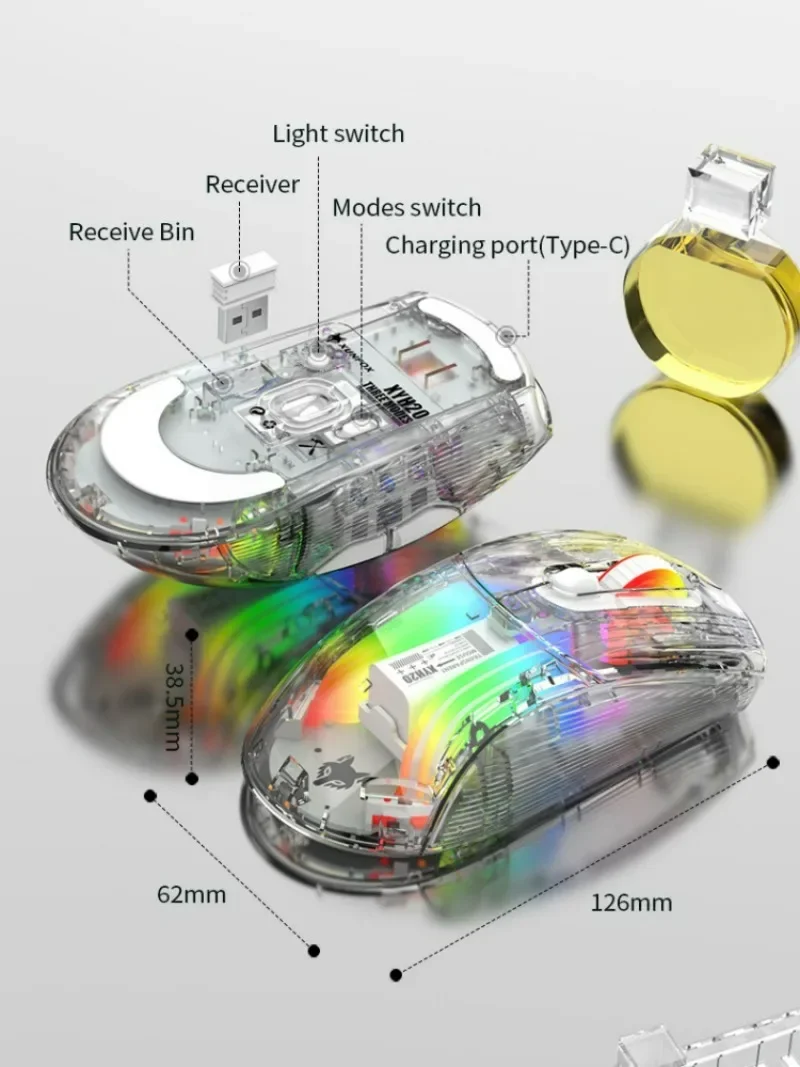 ワイヤレスゲーミングマウス RGB トライモード接続透明シェル E スポーツ Bluetooth 有線マウス PC/Mac コンピュータおよびラップトップ用