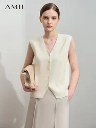 Amii Minimalist 2025 Spring New Solid Commuter Core Yarn Woven Elastic Buckle V-neck Straight Vest Soft Fashion Top 12521070
