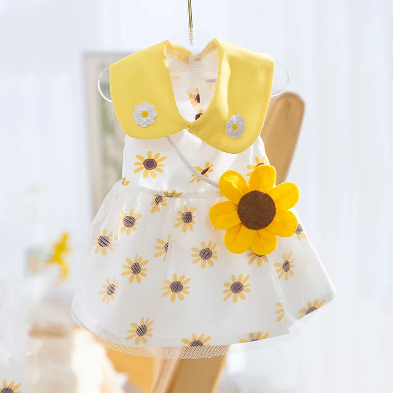 Yellow Sunflower Dog Dress Pet Summer Skirt Three-dimensional Satchel Puppy Clothing Teddy Beautiful Clothes