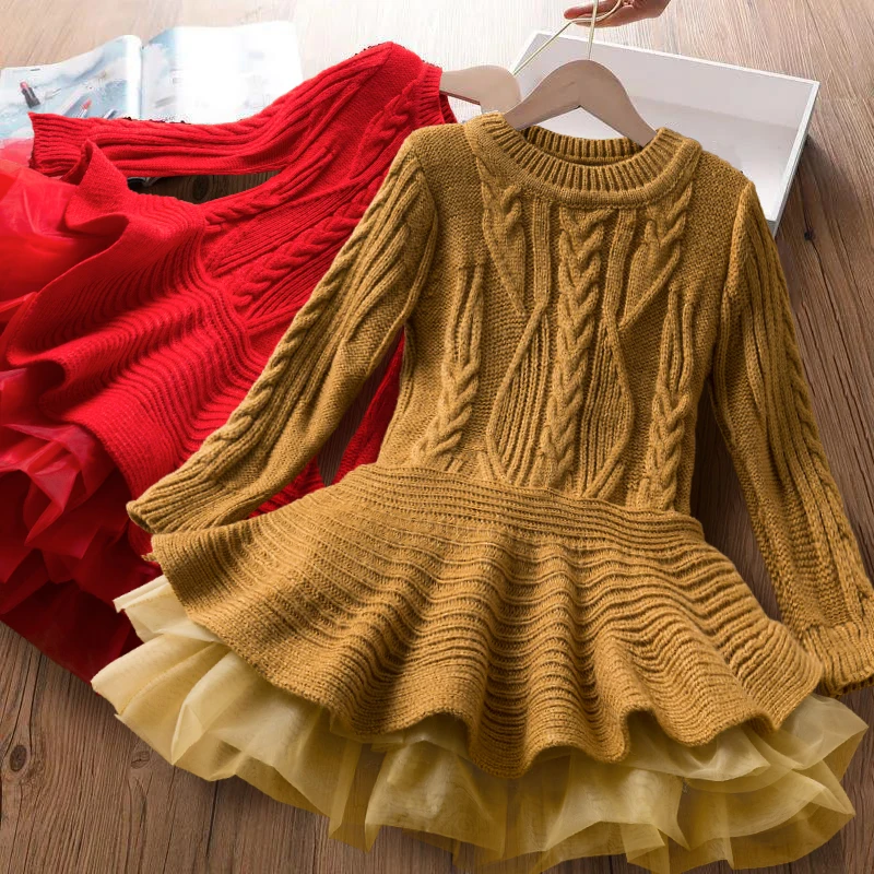 Long Sleeve Girls Winter Dress for 3-8Y Children Clothes New Knitted Sweater Outfits Red Christmas Party Dress for Kids Costumes