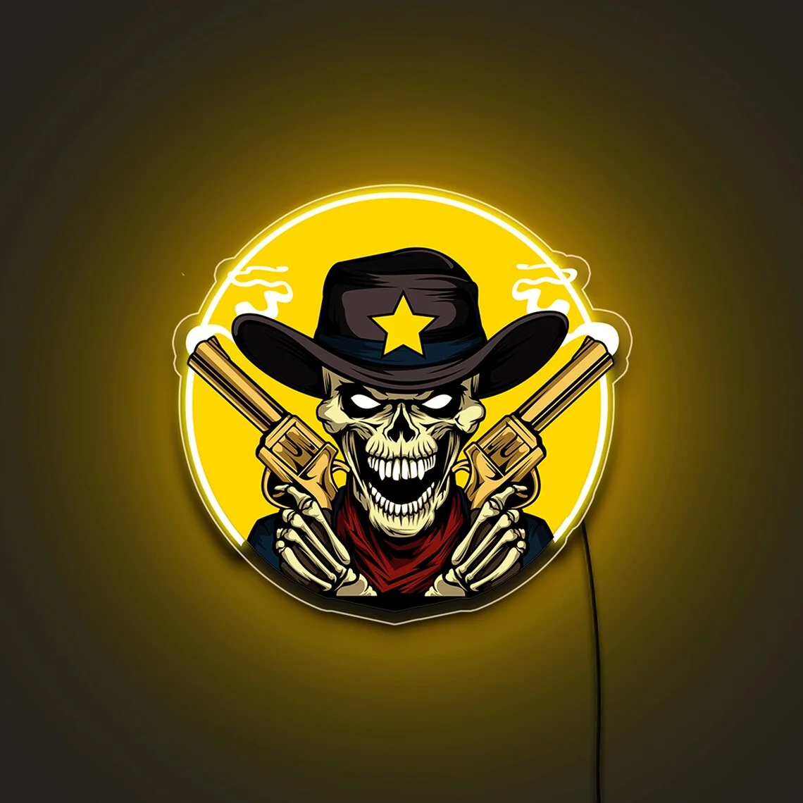 Howdy Crânio e Cowboy Neon Sign Hat, Dia das Bruxas, Cowboy, Parede esqueletal, Café, Parede, Arte, Decoração de paredes, Texas, Neon Sign Gothi