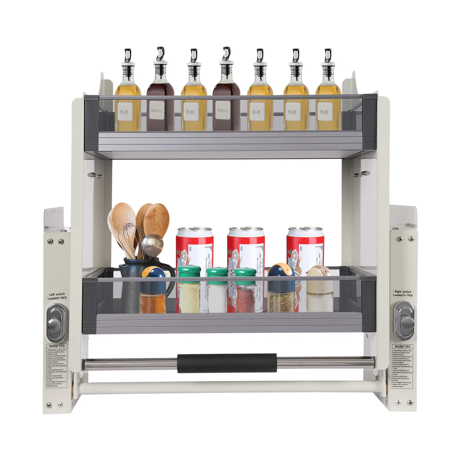 2-Tier Upper Cabinet Pull-Down Rack Labor-saving Storage Rack Minimalist Appearance Cabinet Organizer With Raised Guardrails