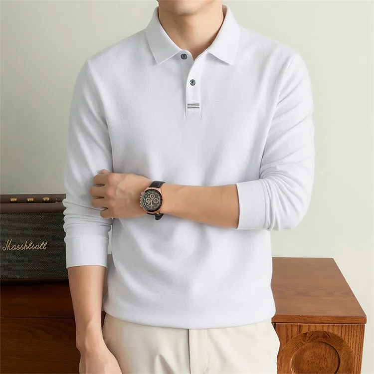 100% Mercerisierte Baumwolle Einfarbiges Business-Casual-Oberteil Herren Old Money Style Langarm-Poloshirt – Detail 35