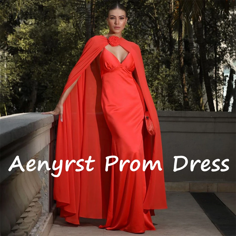 Aenyrst Sexy Red V Neck Mermaid Evening Dresses Satin Detachable Cape Prom Gowns Floor Length Christmas New Year Party Dress