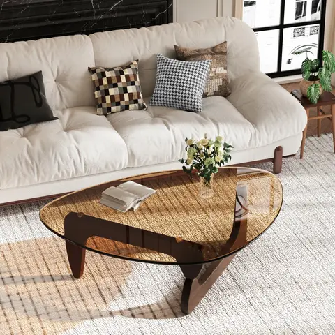 Triangle Glass Coffee Table Center Side Table Tempered Glass Top Rubber Wood Legs Accent Table for Living Room Office