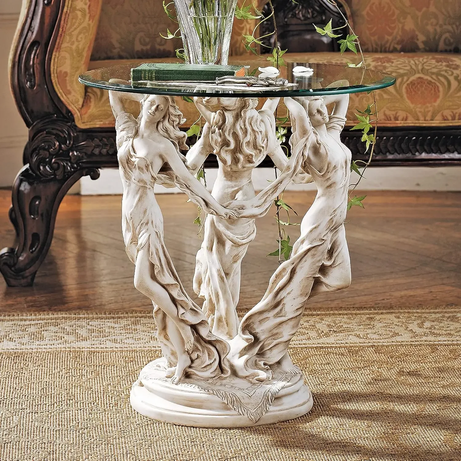 The Greek Muses Classic Glass-Topped Side Table, 18 Inches Wide, 18 Inches Deep, 20 Inches High, Handcast Polyresin,