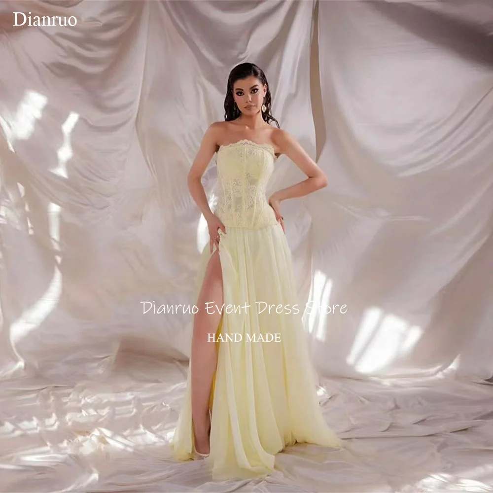 Dianruo elegante longo a linha vestidos de noite dividir amarelo chiffon vestidos de baile sem alças até o chão robes de soirée personalizado