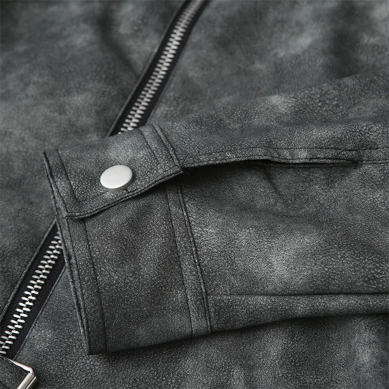 الخريف الشتاء الرجعية الدانتيل متابعة بولي Leather سترة جلدية فريدة من نوعها التلبيب التعادل بأكمام طويلة الشارع دراجة نارية سترة عصرية وفردية