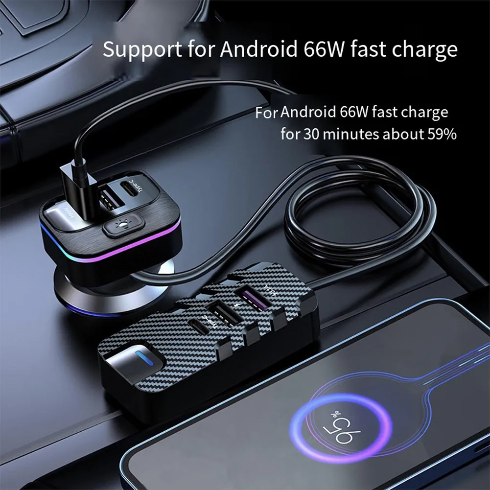 6 Port 66W USB Car Charger with USB C PD and For QC3.0 Fast Charging for Phones Tablets and Dashcams with 1.5m Cord