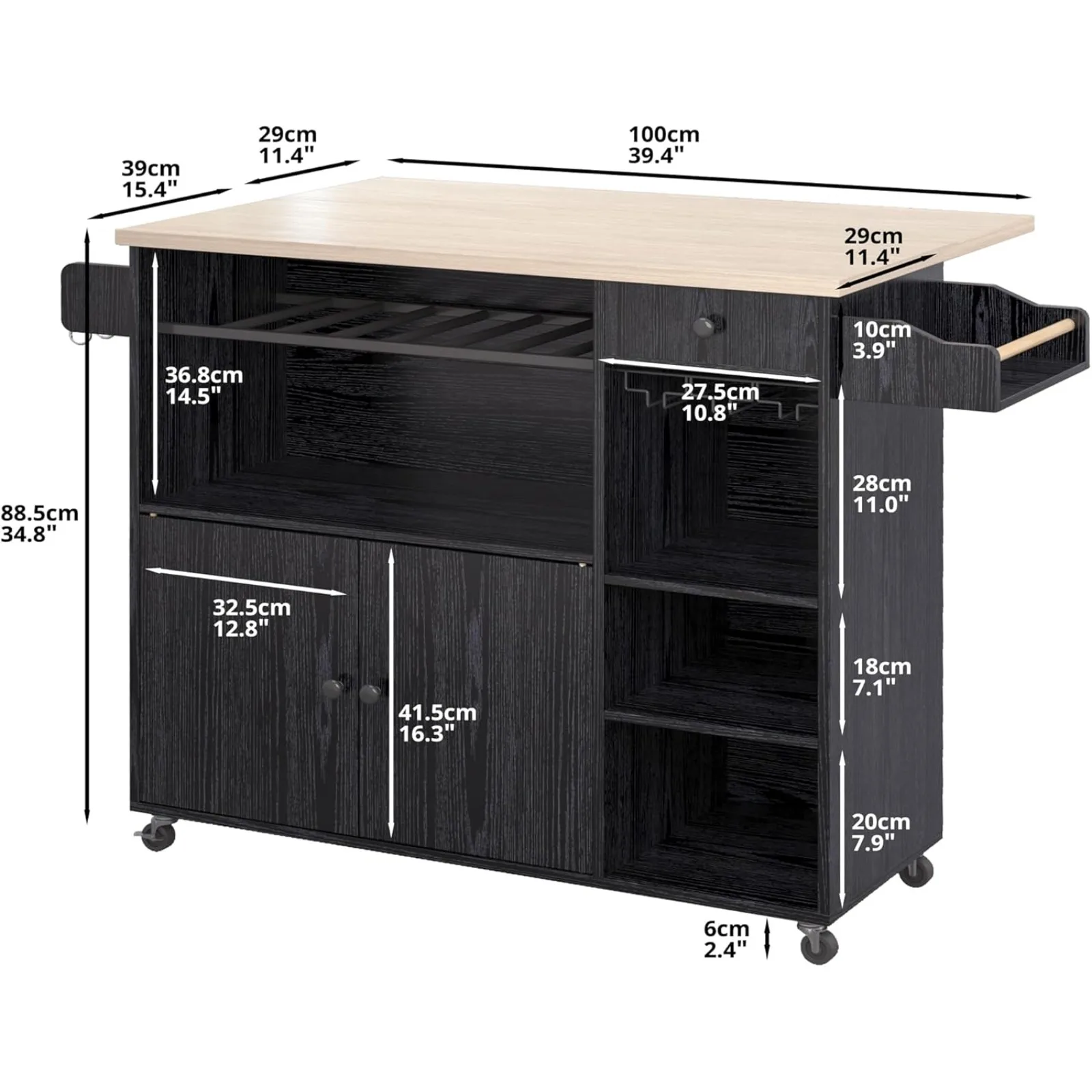 US Rolling Kitchen Island Cart with Drop-Leaf and Wine Rack, Microwave Rack Serving Cart on Wheels with Drawer & Shelves & Spice