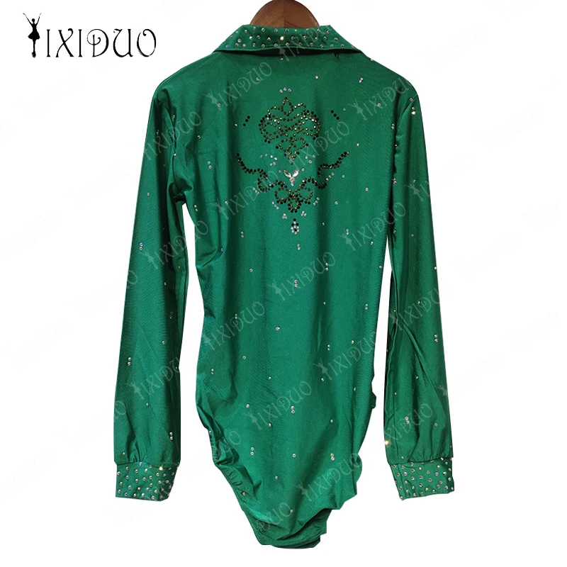 Women's Figure Skating Outfit Green Shirt with Rhythmic Gymnastics Long Sleeve Rhinestones Gymnatics for Girls Figure Skating