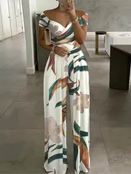 Summer New Printed One Shoulder Jumpsuits Women 2023 High Waist Short Sleeves Wide Leg Long Pants Slim Jumpsuit Ladies Commuting