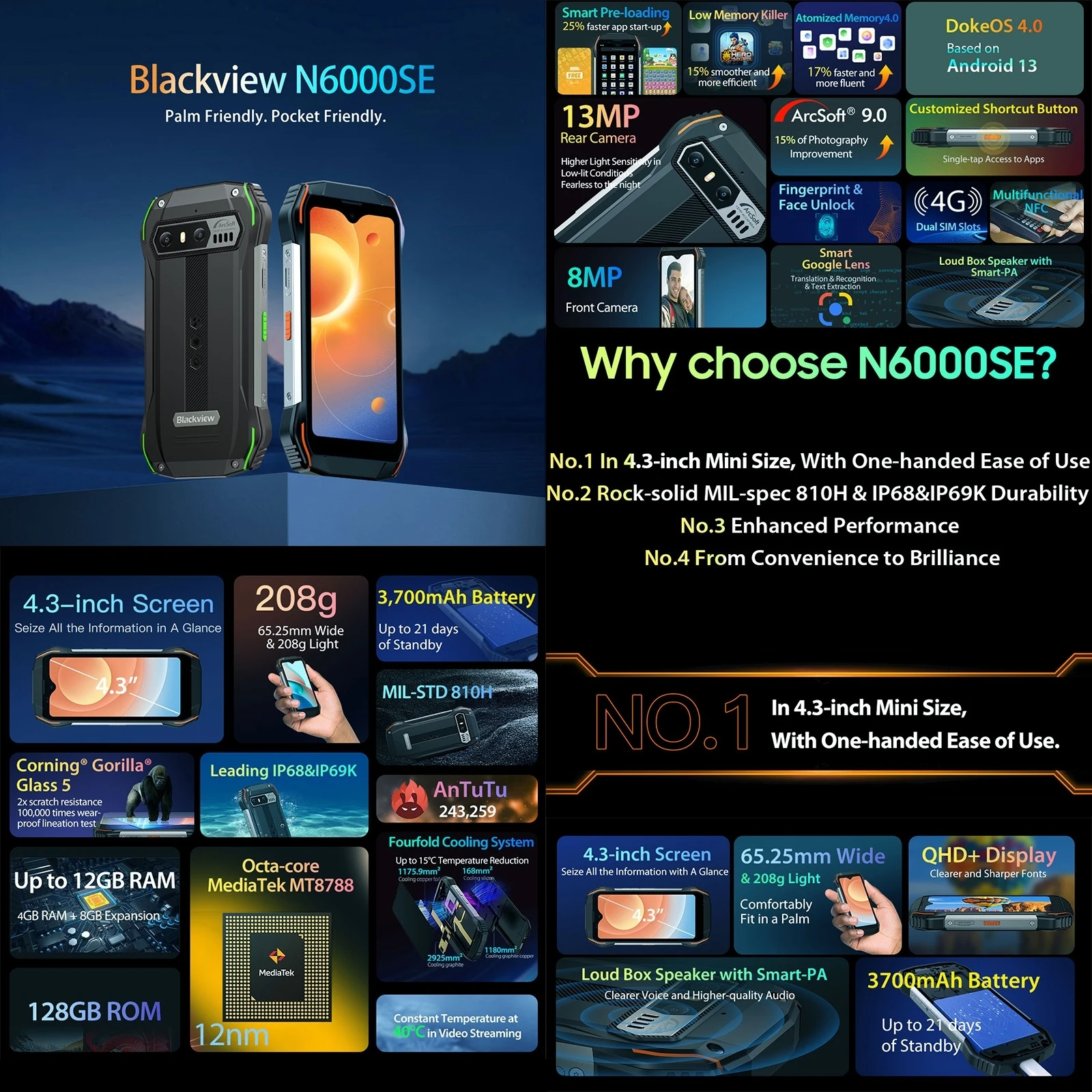 Blackview N6000SE 견고한 스마트폰, 4.3 인치 디스플레이, 4GB, 128GB, 옥타 코어, 13MP 카메라, 3700mAh, 안드로이드 13, NFC, 4G 휴대폰